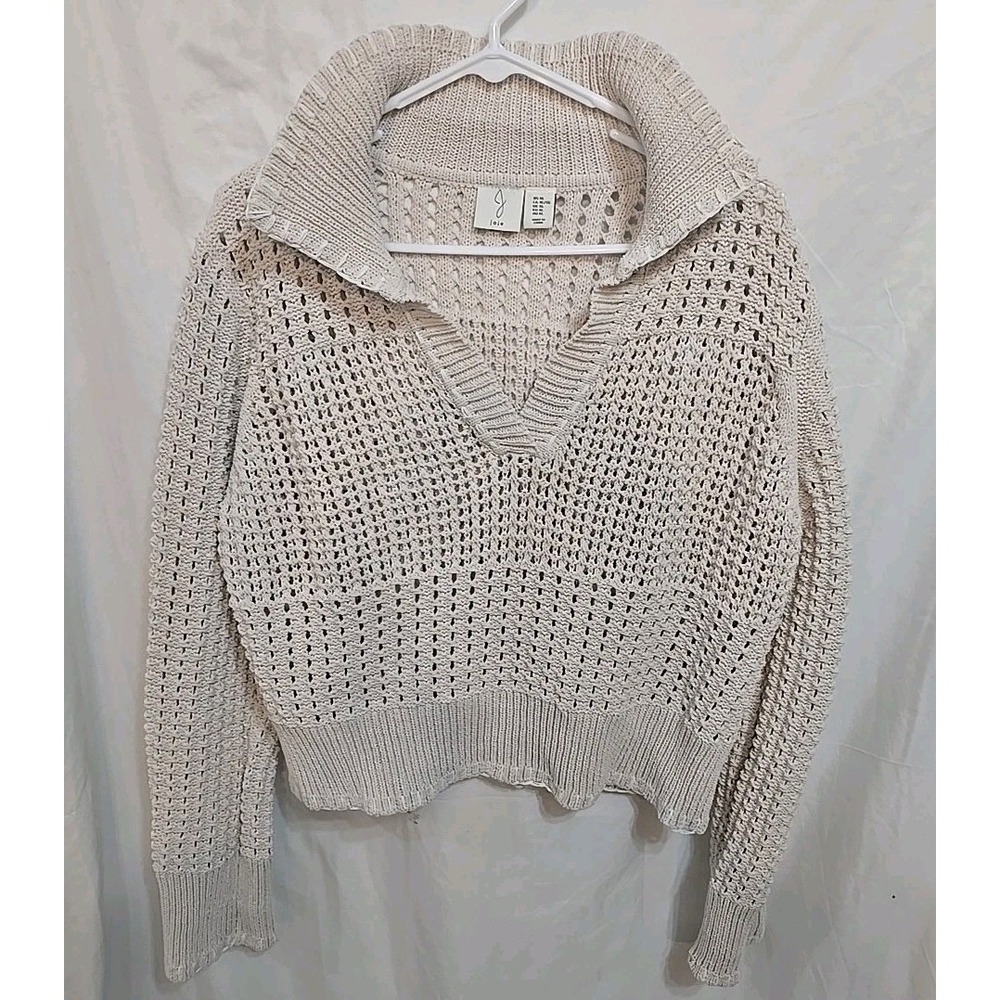 Joie Open Knit Collared Women's Sweater Size XL Cream Pullover‎ V-Neck Cropped